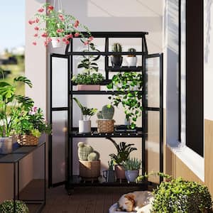 62 in. H Outdoor Indoor Black Wood Plant Stand Greenhouse Portable Cold Frame with Wheels and Adjustable Shelves