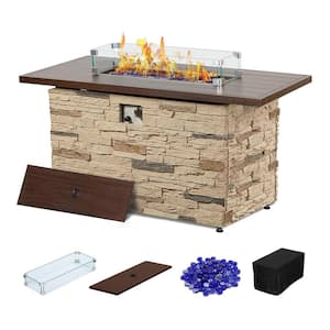 43 in. Propane Fire Pit Table Outdoor Stone Firepit Table Rectangular 50000 BTU Propane Fire Tables - Buff
