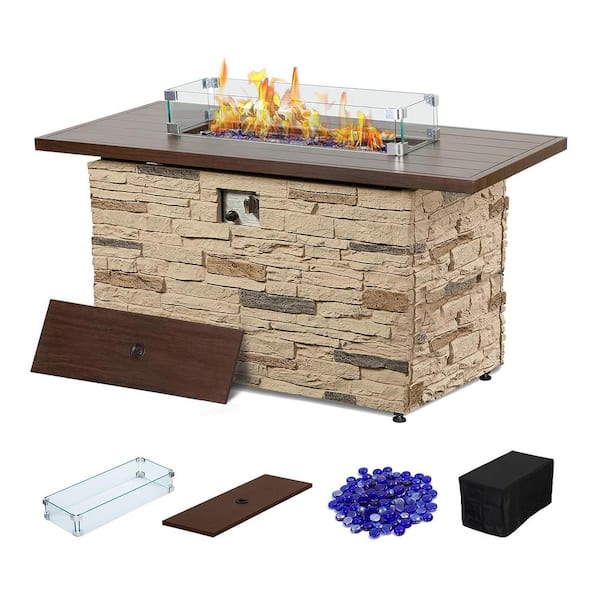 43 In Propane Fire Pit Table Outdoor Stone Firepit Table Rectangular 50000 Btu Propane Fire 