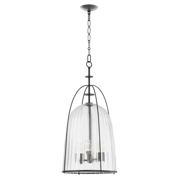 Alice 100-Watt 3-Light Matte Black 16 in. Pendant Light with Clear Fluted Glass Shade, No Bulb Included.