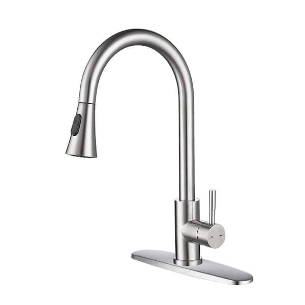 Mondawe Nice Single Handle Surface Mount Gooseneck Pull Down Sprayer Kitchen Faucet in Stainless Steel