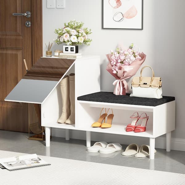 FUFU&GAGA 35.4 in. W Gloss Mirrored Shoe Storage Bench With Mirrored Door Cabinet, Upholstery Bench