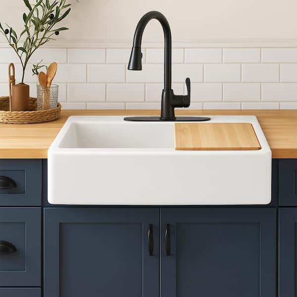 Parker 34 in. 3-Hole Quick-Fit Farmhouse/Apron-Front Drop-In Single Bowl White Fireclay Workstation Kitchen Sink