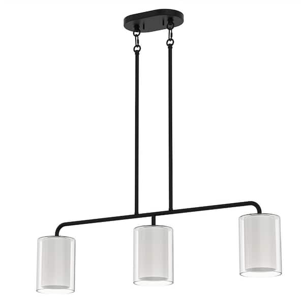 YANSUN 32 in. Modern 3-Light Indoor Island Pendant Light, Black with Glass Shade for Bar, Dining Room, and Kitchen Island