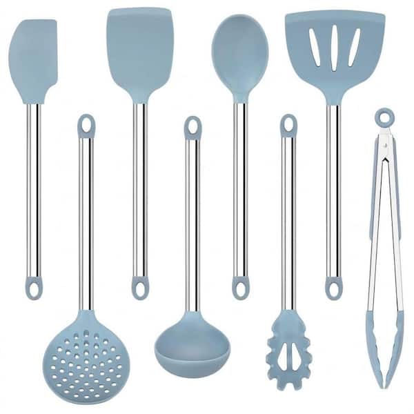 8 Piece Blue Silicone Kitchen Utensils Set Heat Resistant Nonstick Safe Stainless Steel Handle Cooking Tools