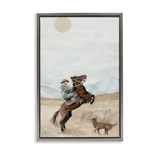 Stupell Industries Rearing Horse & Dog by Cindy Jacobs Gray Floater Frame People Graphic Art Print 31 in. x 21 in.