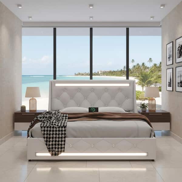 Alanna White Wood+Metal Frame Queen Size Platform Bed with Diamond Upholstered Headboard, LED Lights, Charging Station