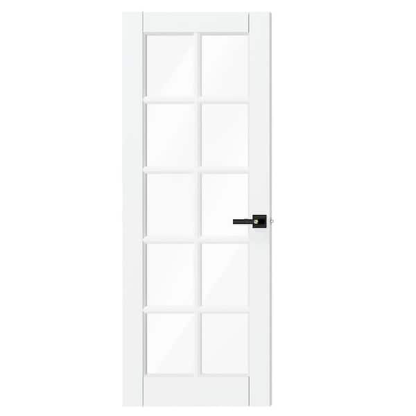 TENONER 30 in. x 80 in. Composite, MDF, 10 Lite, Clear Glass, Primed, White Interior Door Slab Black Lever Handle