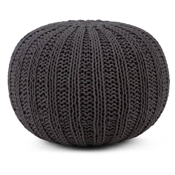 Simpli Home Shelby Boho Round Hand Knit Pouf in Slate Grey Cotton