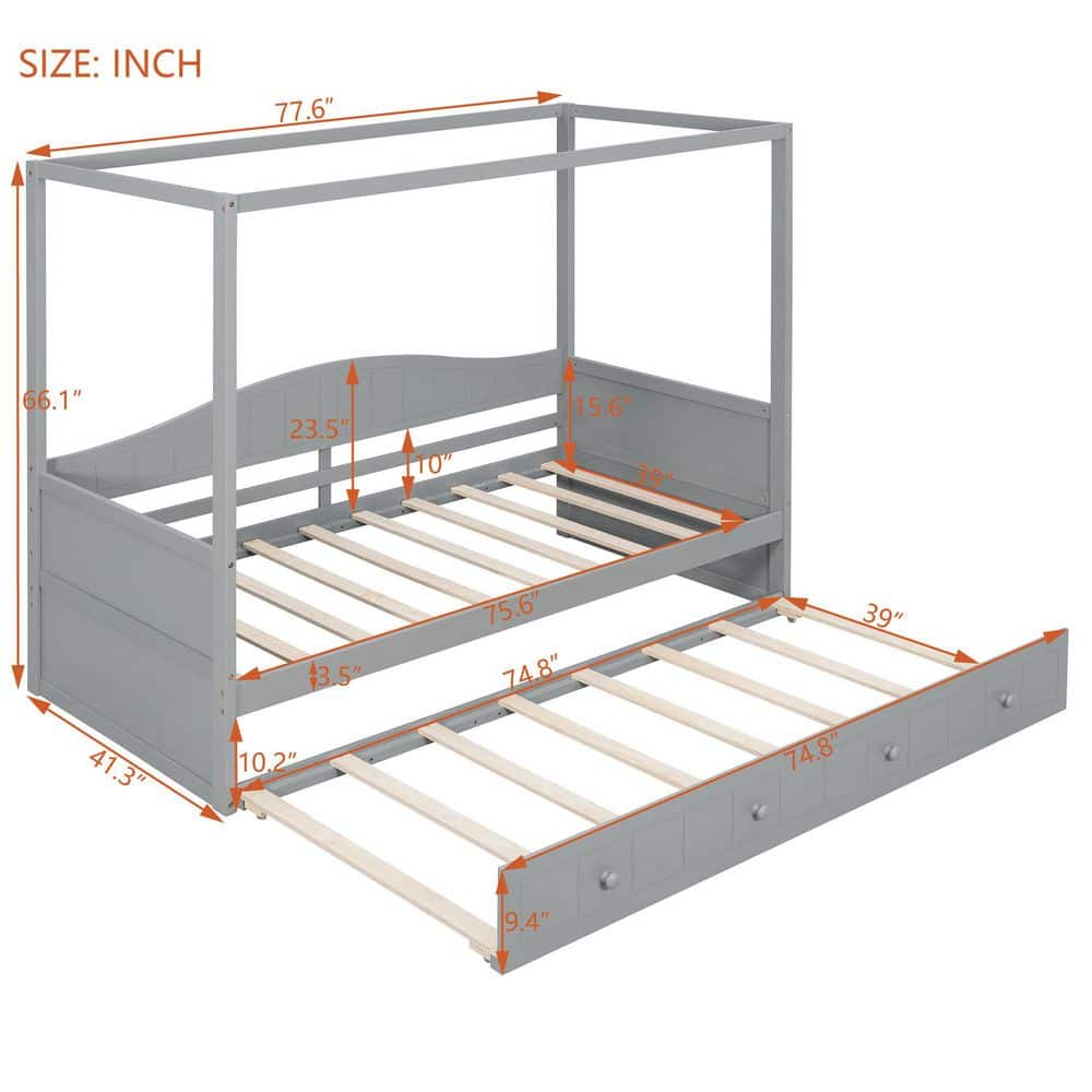 White Wood Frame Twin Size Canopy Bed, Daybed with Trundle - thumbnail 8