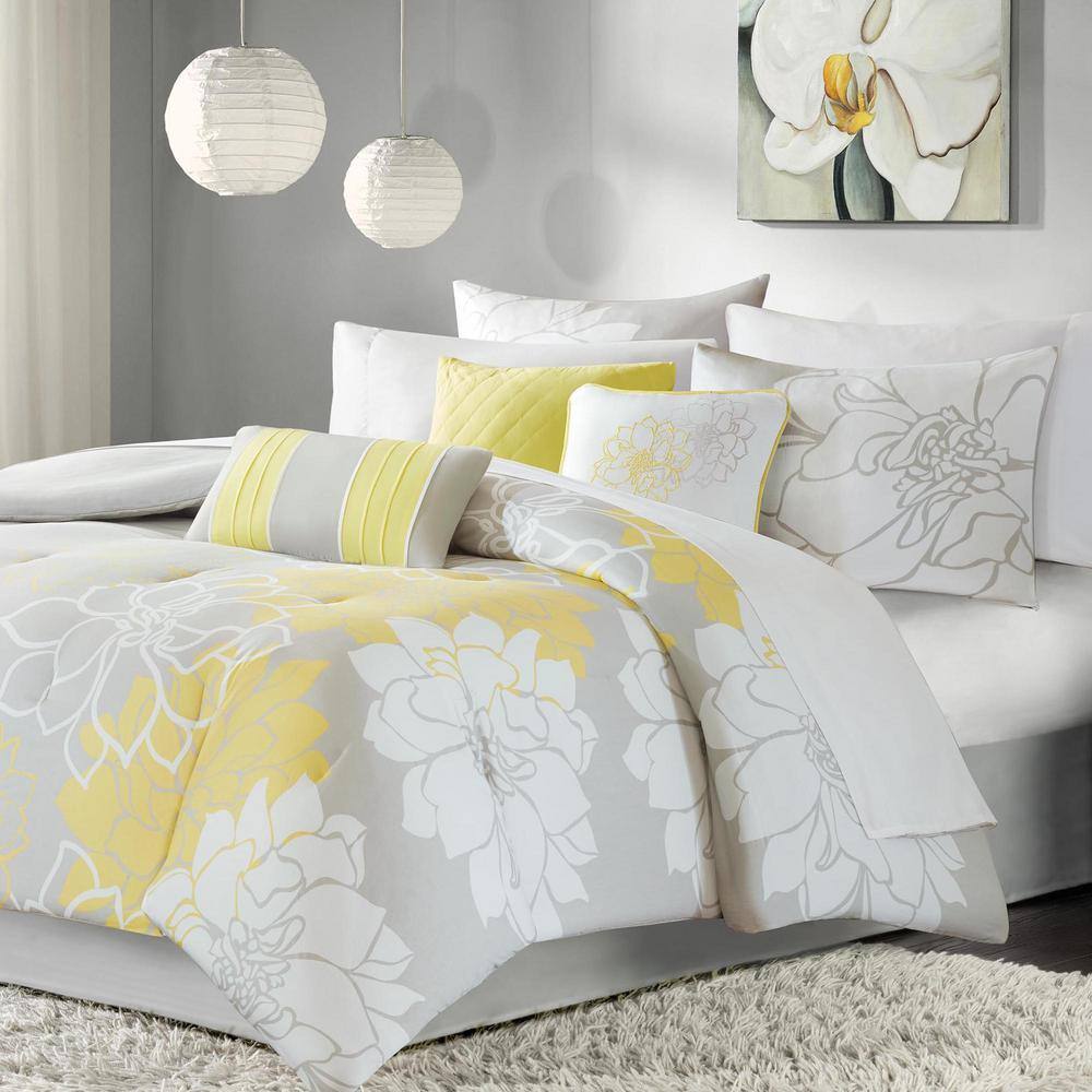 California King Gray and Yellow Floral Cotton Comforter Set