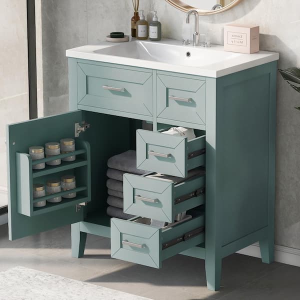 Unbranded 30 in. W x 18 in. D x 36 in. H Freestanding Bath Vanity in Green with White Ceramic Top