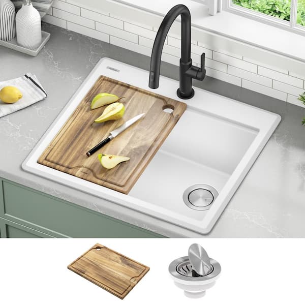 Bellucci 25 Granite Composite Workstation Drop-In Top MountSingle Bowl Kitchen Sink in White with Accessories