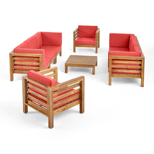 Noble House Izefia Teak Finish 9-Piece Wood Outdoor Patio Conversation Set with Red Cushions