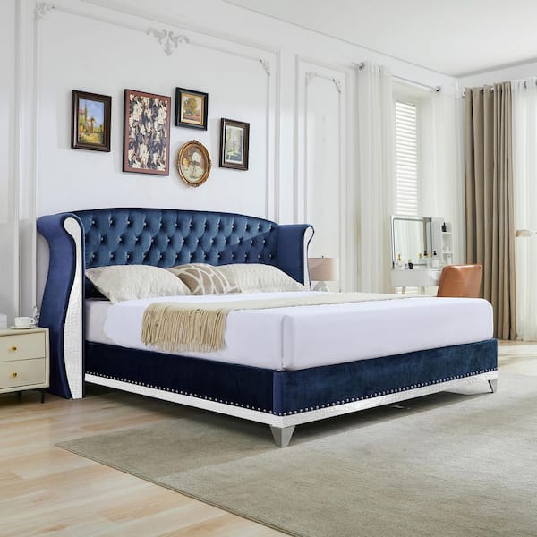 Lara Navy Blue Velvet Upholstered Wood Frame Queen Size Platform Bed with Tufted Wingback Headboard, Nailhead Trim