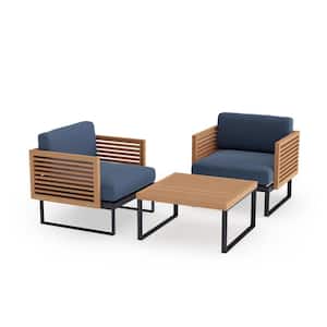 Monterey 3 Piece Aluminum Teak Outdoor Patio Conversation Set with Spectrum Indigo Cushions and Coffee Table