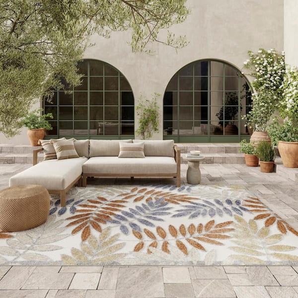 Aloha Blue Mocha 8 ft. x 11 ft. Floral Contemporary Indoor/Outdoor Area Rug