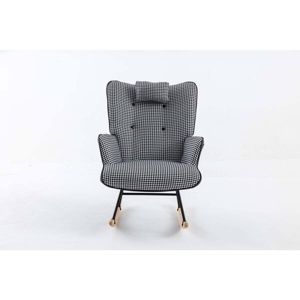 Zeus & Ruta 35.5 in. Wood Outdoor Rocking Chair Soft Houndstooth Fabric Leather Fabric Rocking Chair with Black Cushions
