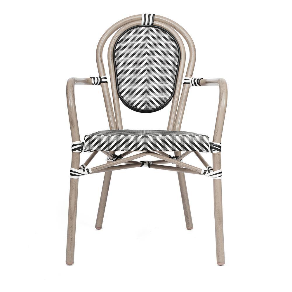 Overview of a brown aluminum outdoor dining chair with striped fabric.
