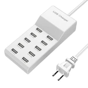 White 50-Watt 2.4A/1A 10-Port Desktop USB Charging Station Intelligent Short Circuit Protection and Current Distribution