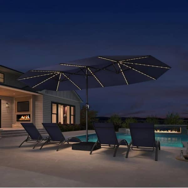 PURPLE LEAF 15 ft. Solar LED Lights Market Umbrella with Double Sided Outdoor Patio Umbrellas with Base in Navy Blue