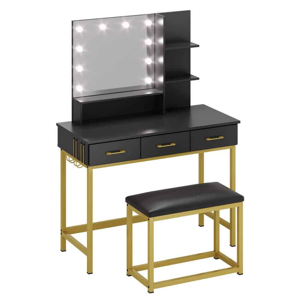 Bestier Black Wood Makeup Vanity Sets with LED Light 3-Drawers and 