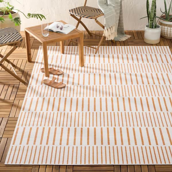 Poolside Off Stripe Ivory/Orange 8 ft. x 10 ft. Indoor Outdoor Area Rug