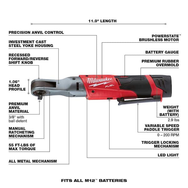 Milwaukee - M12 FUEL 12V Lithium-Ion Brushless Cordless 3/8 in. Ratchet Kit with (2) 2.0Ah Batteries, Charger & Tool Bag