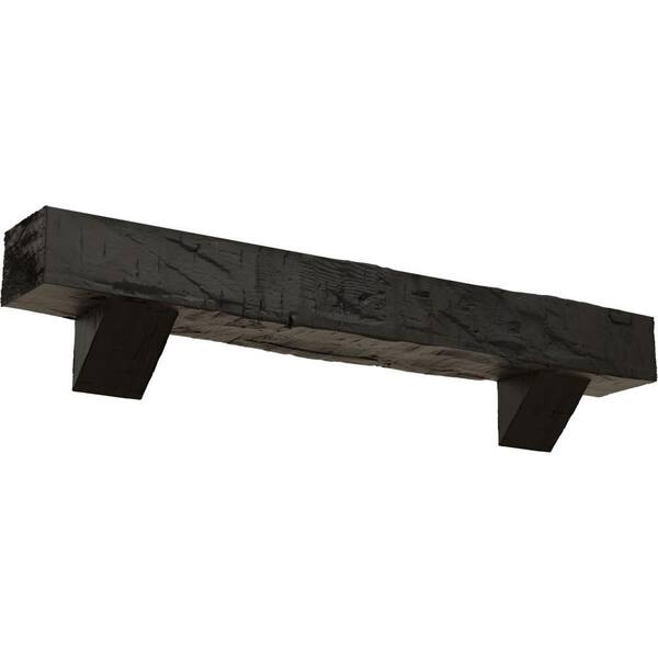 Ekena Millwork 4 in. x 4 in. x 4 ft. Hand Hewn Faux Wood Fireplace Mantel Kit, Breckinridge Corbels, Burnished Cedar