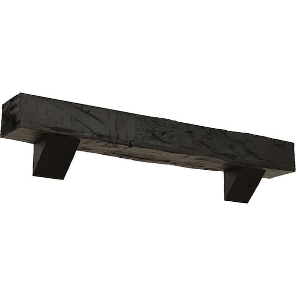Ekena Millwork 4 in. x 8 in. x 7 ft. Hand Hewn Faux Wood Fireplace Mantel Kit with Breckinridge Corbels, Burnished Cedar