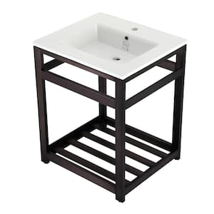 25 in. Ceramic Console Sink (1-Hole) with Stainless Steel Base in Oil Rubbed Bronze