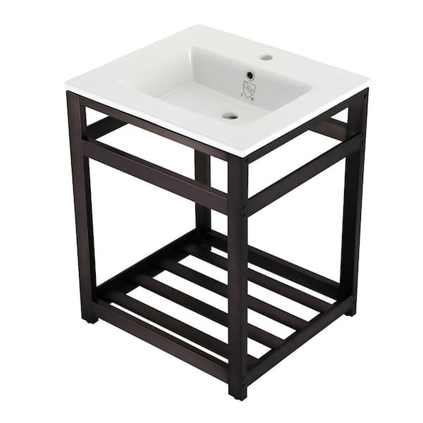 Kingston Brass 25 in. Ceramic Console Sink (1-Hole) with Stainless Steel Base in Oil Rubbed Bronze