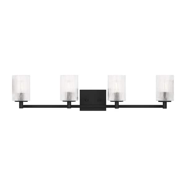 Generation Lighting Lando 35 in. W x 7.75 in. H 4-Light Midnight Black Bathroom Vanity Light with Clear Fluted Glass Shades