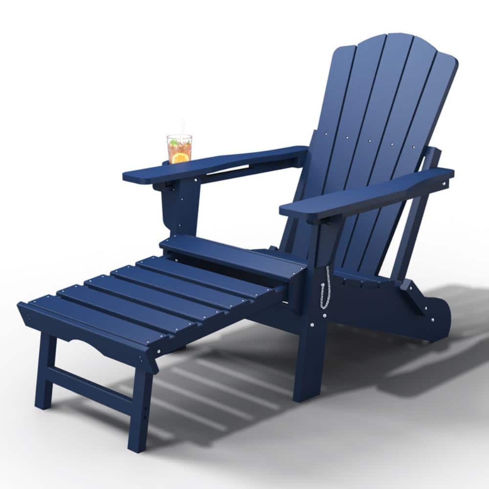 Navy Blue HDPE Outdoor Folding Adirondack Chairs with Retractable Ottoman and Cup Holder price history on PriceWatchPro