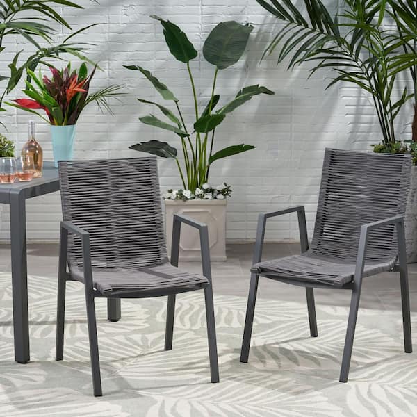 Gray Metal Modern Outdoor Dining Chair with Gray Rope Seat Set of 2