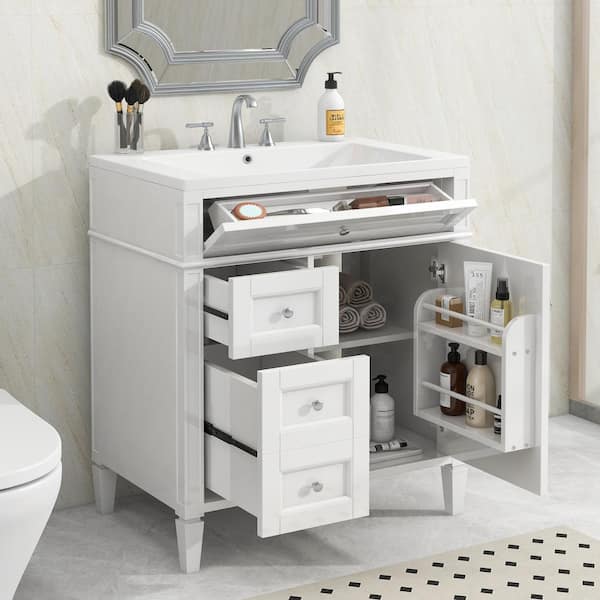 Magic Home 30 in. Modern Freestanding Bathroom Vanity Storage Solid WoodCabinet w/ White Single Top Sink,2 Drawers, Tip-Out Drawer
