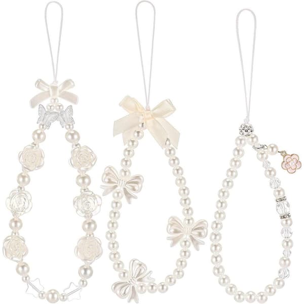 3 Pcs Beaded Pearl Butterfly Phone Wrist Strap with Cute Flower Y2k Lanyard for Camera Keychain Wallet Decor
