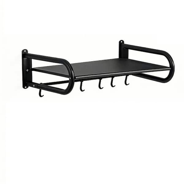 23.62 in. W x 14.37 in. D x 6.50 in. H Assembled Microwave Wall Shelf with 5 Hooks and 2 Guardrails in Black Max 66 lbs.