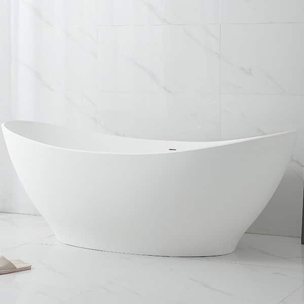 67 in. x 31.69 in. Stone Resin Solid Surface Freestanding Soaking Bathtub with Drain and Overflow in Matte White