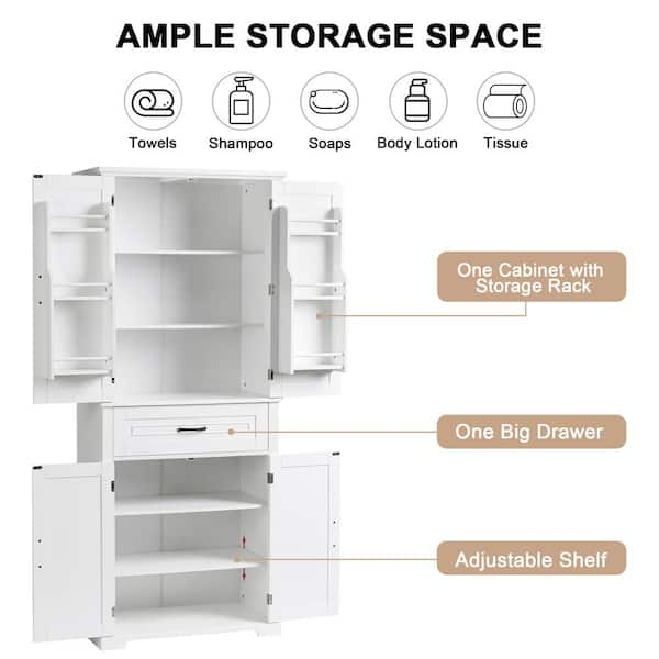 28.15 in. W x 15 in. D x 67.4 in. H White Wood Linen Cabinet with Adjustable Shelf and Storage Racks