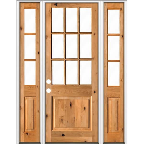 Krosswood Doors 64 in. x 96 in. Rustic Knotty Alder Clear 9-Lite clear stain Wood Right Hand Inswing Single Prehung Front Door/Sidelites