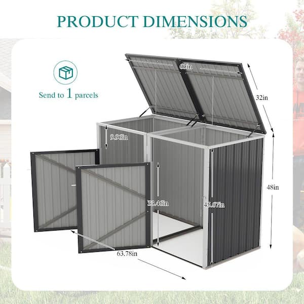 32 in. W x 64 in. D x 48 in. H Dark Gray Outdoor Metal 2 Trash Can