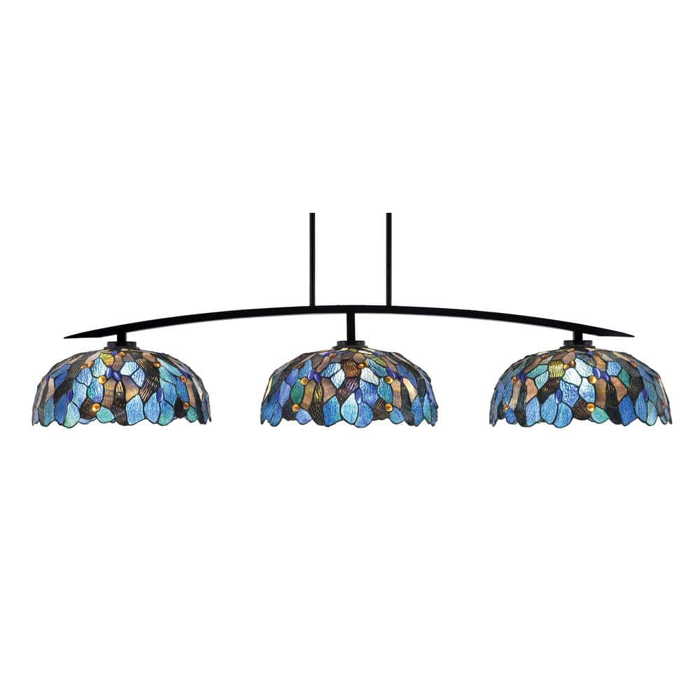 Siena 3-Light Matte Black Billiard Light with 16 in. Blue Mosaic Art Glass 
