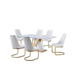 Rose 7-Piece Rectangle Faux Marble Top Dining Set with White Faux Leather Chairs.