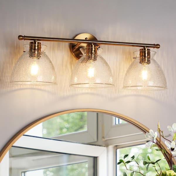 Uolfin Modern Bell Bathroom Vanity Light 23.6 in. 3-Light Dome Plating Brass Wall Light with Hammered Glass Shades