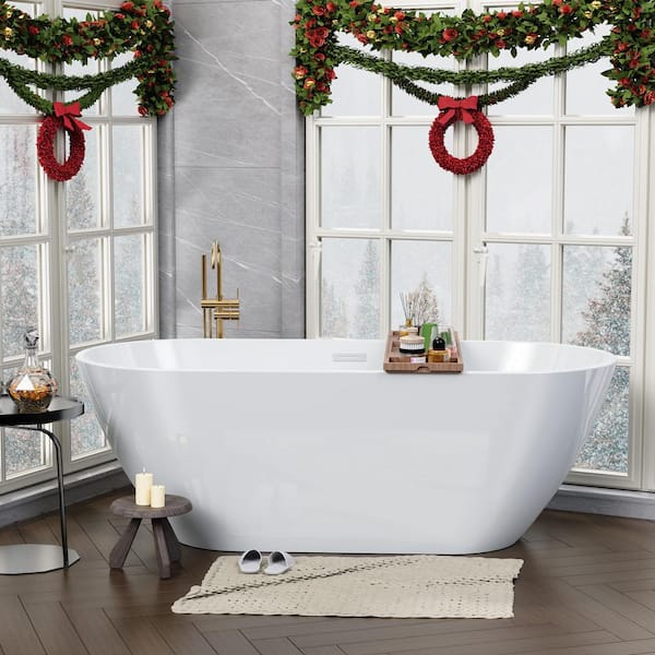 63 in. x 28.7 in. Acrylic Freestanding Bathtub Oval Shape Soaking Bathtub in Gloss White