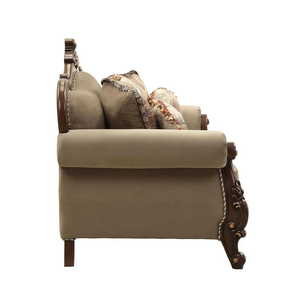 Beige Velvet Floral Rolled Arm Loveseat with Wood Frame