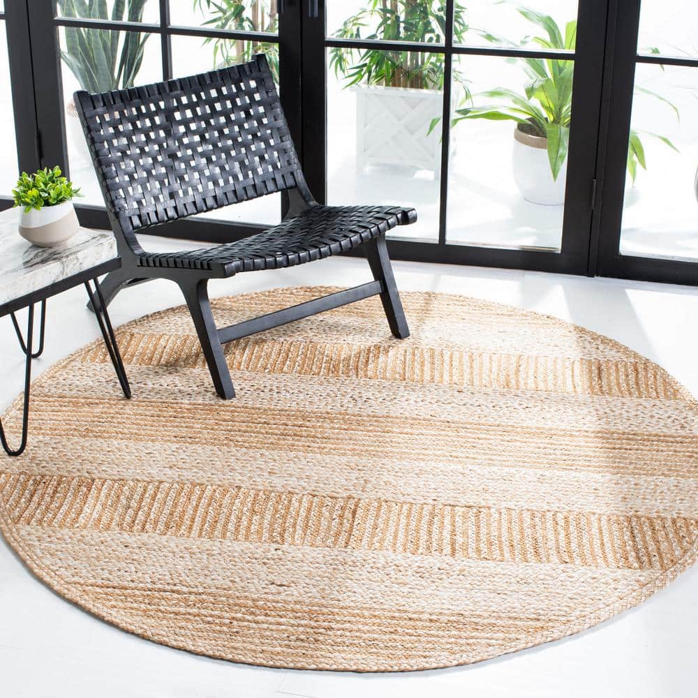 Ivory Geometric Round Hand-Woven Jute Area Rug - 6'