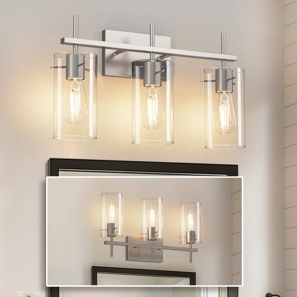 20 in. 3-Light Nickel Bathroom Vanity Light with Clear Glass Shades, Modern Metal Wall Fixture for Mirror price history on PriceWatchPro