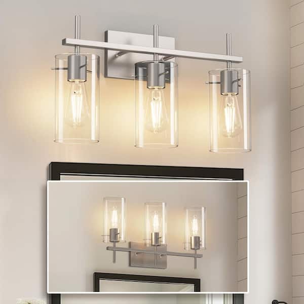 20 in. 3-Light Nickel Bathroom Vanity Light with Clear Glass Shades, Modern Metal Wall Fixture for Mirror